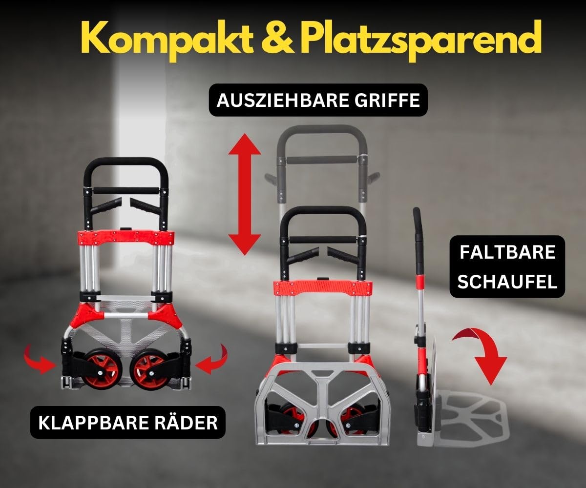PROREGAL Klappbare Profi-Sackkarre Elephant | HxBxT 112x60x61cm | Traglast 250kg | Aluminium, ergonomische Griffe, Leichtlauf-Vollgummiräder | Schwarz-Rot-Silber | Transportkarre Staplerkarre