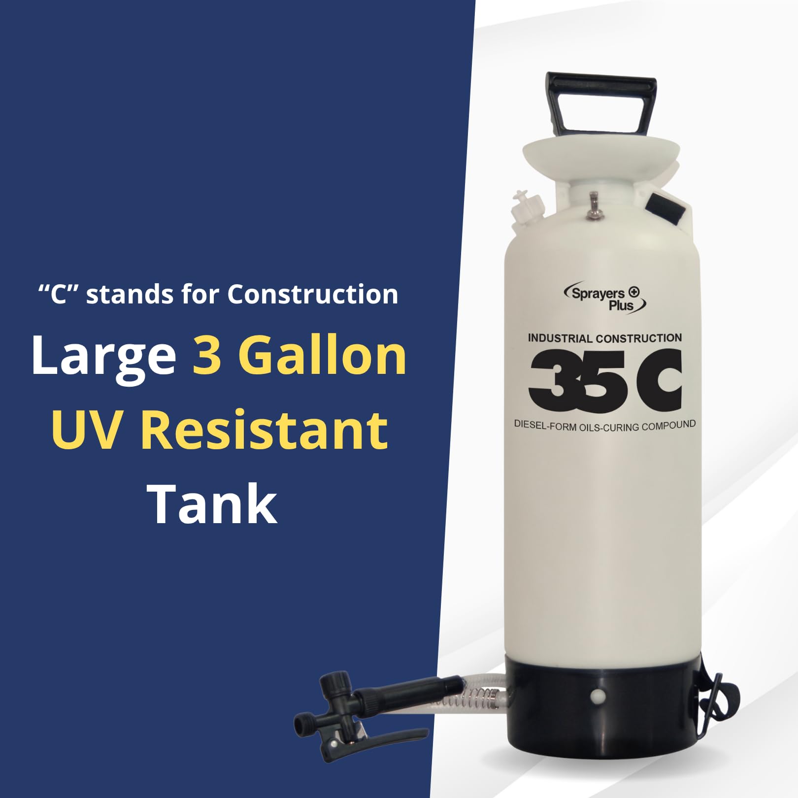 Sprayers Plus 35C 3 Gallon Hand Held Pump Sprayer, Brass Wand, Adjustable Nozzle, Viton Seals, Pressure?Relief Valve, Quick?Fill, UV?Resistant Tank, for Concrete, Form Oil,Industrial-use environments
