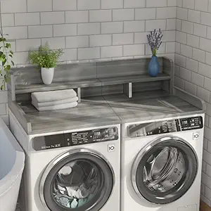 CuisinSmart Washer Dryer Countertop with 2-Tier Shelf, Wood Laundry Countertop Over Washer and Dryer with Edge, 54" Width x 27.5" Depth Laundry Hamper Table Top Storage Organization Gray stripe