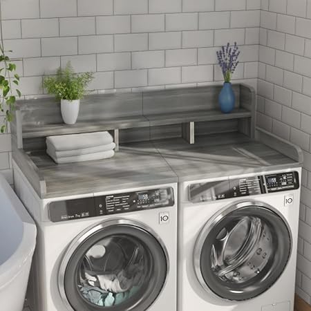 CuisinSmart Washer Dryer Countertop with 2-Tier Shelf, Wood Laundry Countertop Over Washer and Dryer with Edge, 54" Width x 27.5" Depth Laundry Hamper Table Top Storage Organization Gray stripe