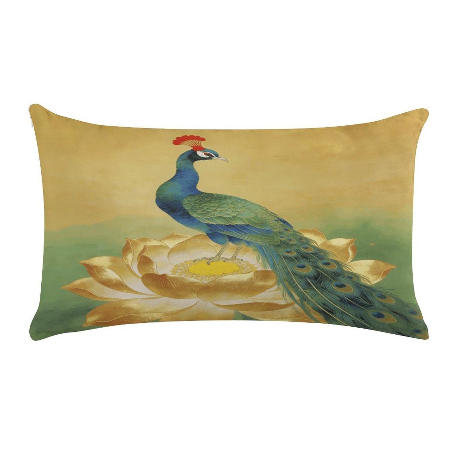 Fodpand Style Peacock On Golden Lotus Pillow Cases Set Of 1 Extra Soft Pillow Protectors With Hidden Zipper Perfect For Hotels, Guest Rooms,Bedroom 12X20 Inches Pillows Not Included