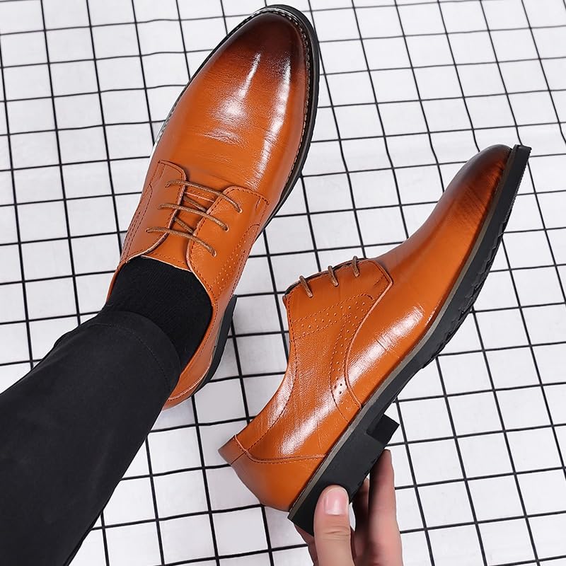 Men's Classic Burnished Toe Dress Shoes Genuine Leather Non-Slip Rubber Sole Comfortable Block Heel2