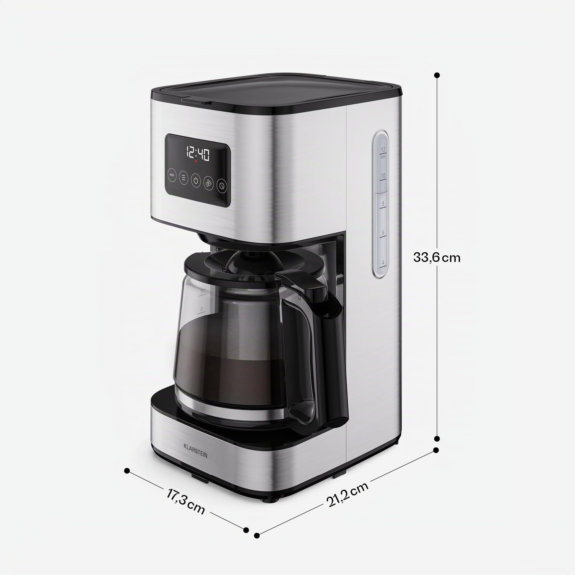 KLARSTEIN Verosteel Cafetière filtre - Cafetière en acier inoxydable, 1,5 L (jusqu'à 12 tasses), écran LCD, maintien au chaud 40 min, système anti-gouttes, arrêt automatique