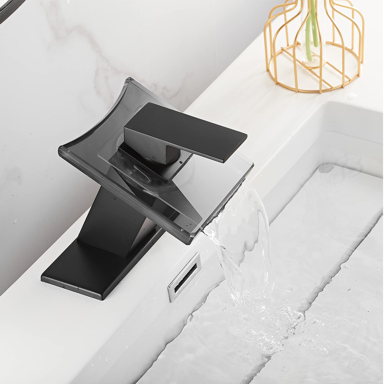Rubinetto da Bagno Nero con beccuccio a Cascata e Maniglia Singola, Ampio beccuccio in Vetro, Rubinetto a 1 Foro per lavabo da Bagno Moderno, Rubinetto per lavabo da Bagno.