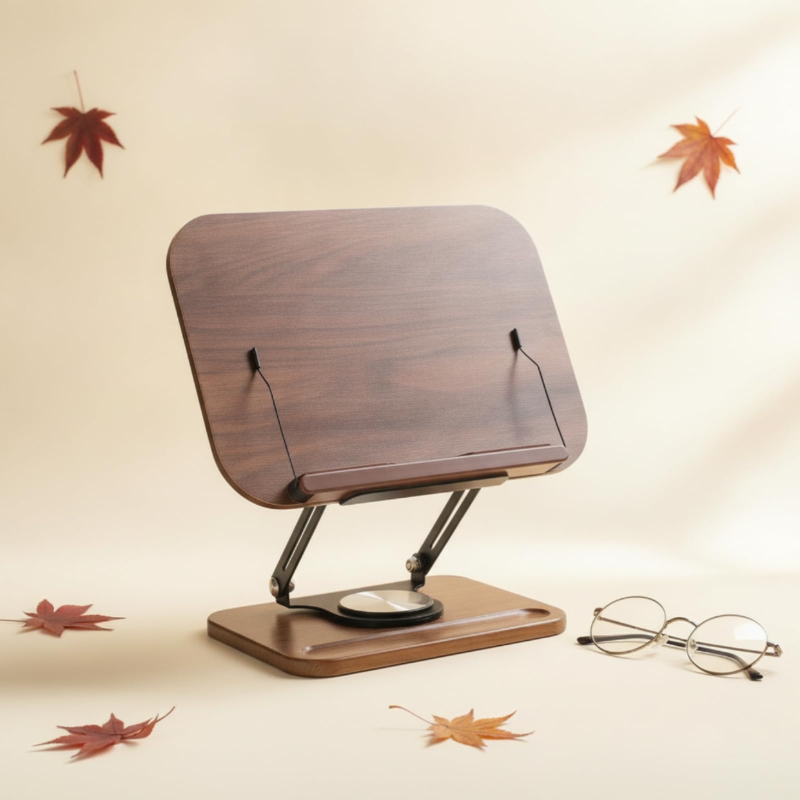 Atril Giratorio para Libros con Portadocumentos Soporte Ajustable Base Antideslizante Sujetapáginas Panel de Madera y Metálicos Rotación 360 Grados, color to 2, Grande