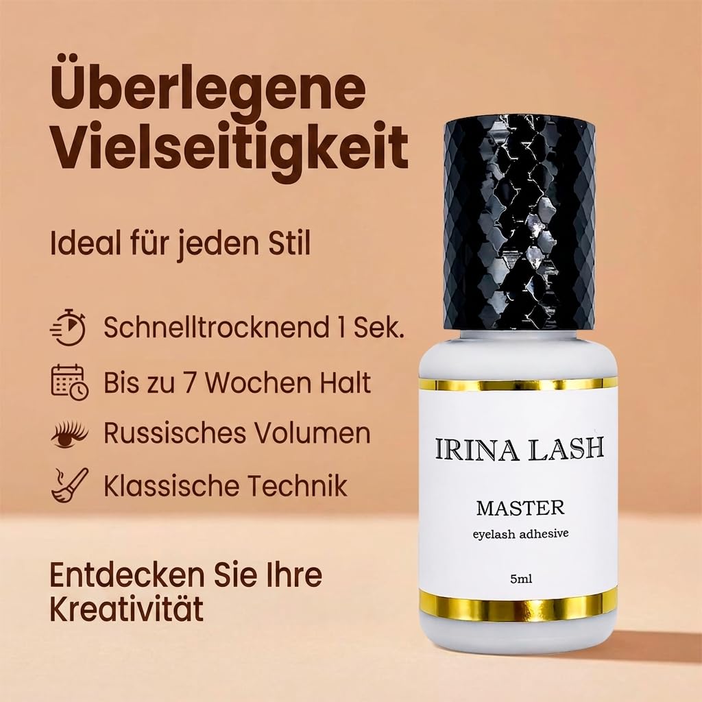 Haar zu Haar Wimpernkleber Volumen Master, Zulassung im Gesundheitswesen, Schnelles Trocknen in 1 Sek., hält 7 Wochen, 5 ml schwarz für Verlängerungen - Irina Lash
