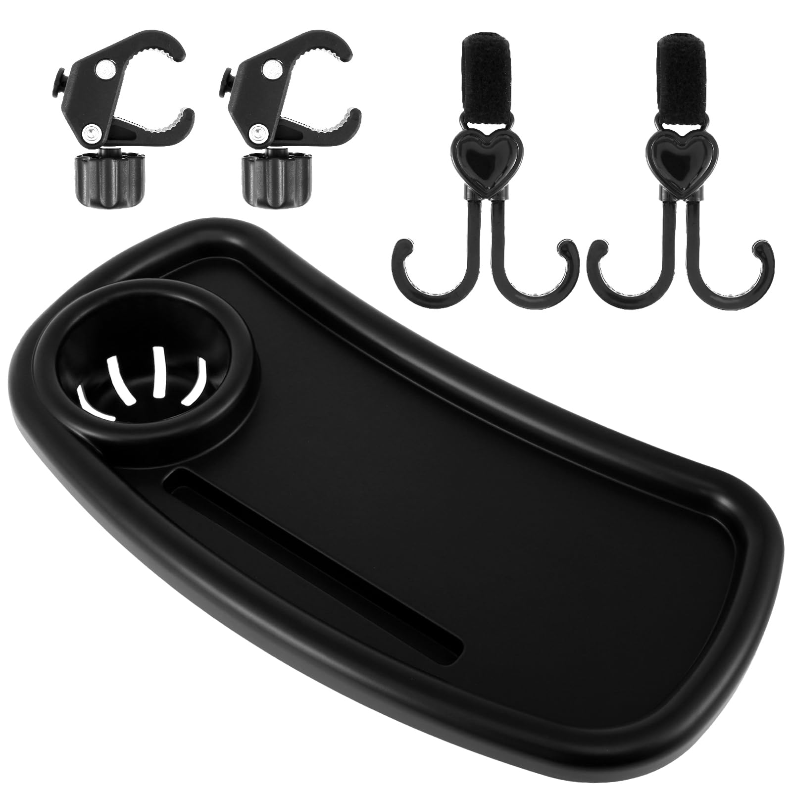 Baby Stroller Snack Tray with Cup Holder,Universal Stroller Food Tray,Removable Storage Holder with Adjustable Buckle and Hooks,Reusable Pram Snacks Holders for Strollers(Upgrade Black Style +2 Hook)