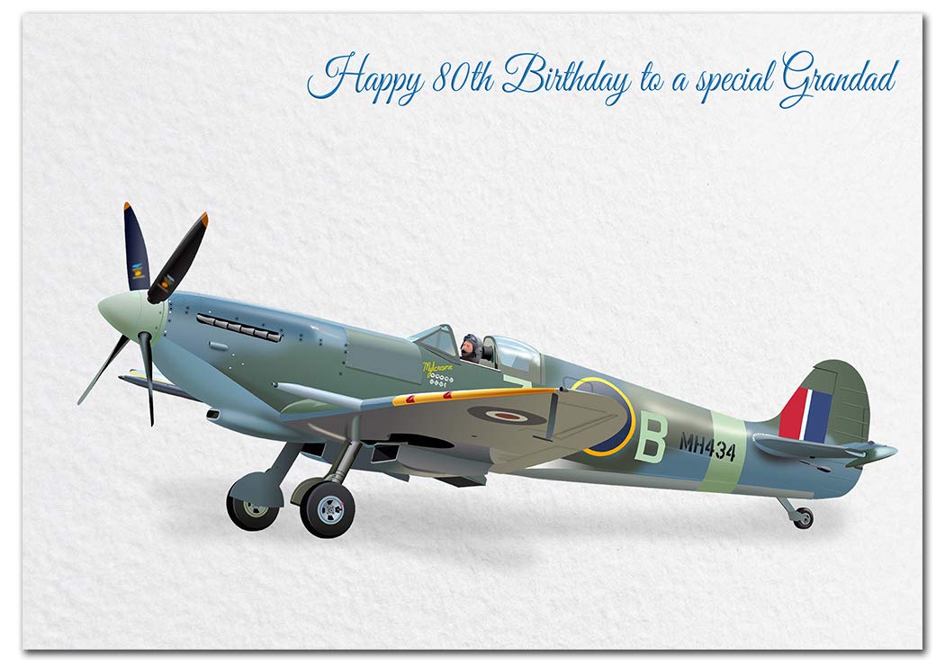 Extra Large Grandad 80th Birthday Card - XL Big thick A4 size - Cool Classic Spitfire WW2 Plane Art - Special Age Year Traditional Greeting - Huge Happy Wishes Him Men Male - UK Eco-Friendly