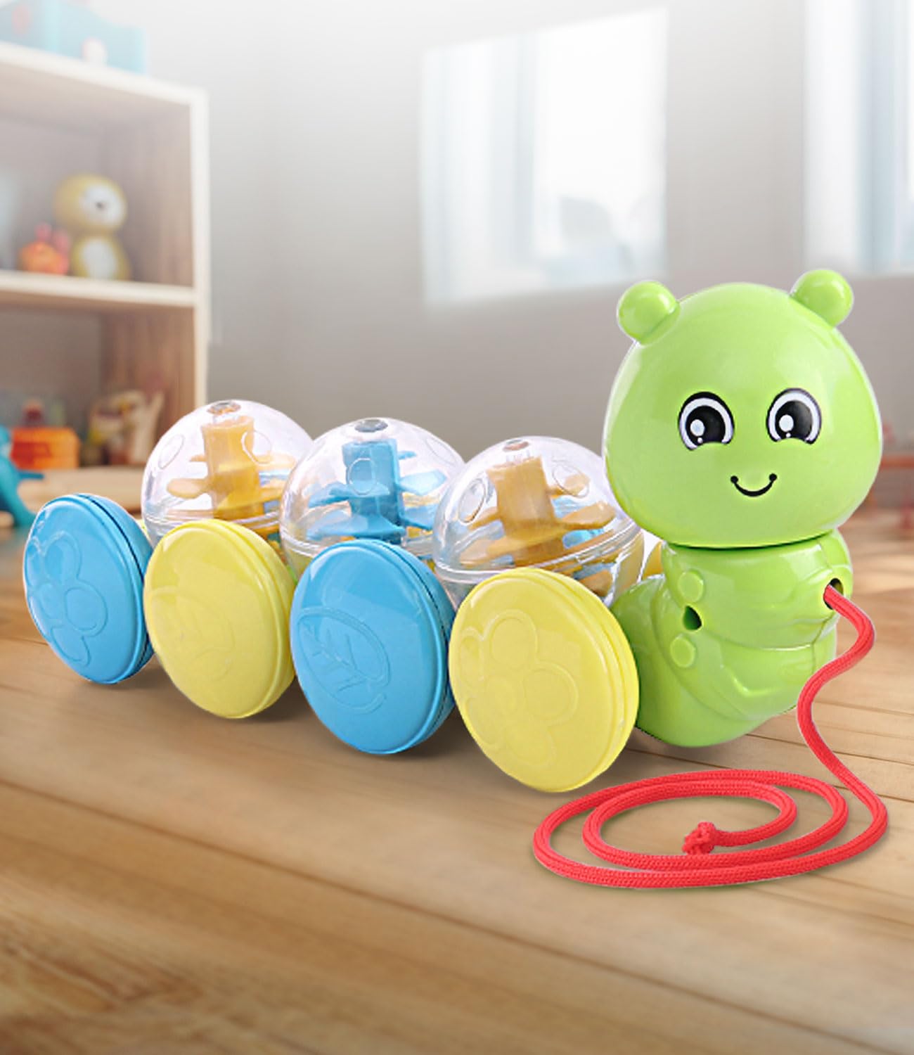 Play Nation Premium Caterpillar Pull Along Toy for 1+ Year Old Kids,8 Wheels, 3 Detachable Rattling Balls,Pull String Plastic Toys for Baby,Encourage Walk,Motor Skills,Birthday Gift,BIS Certified