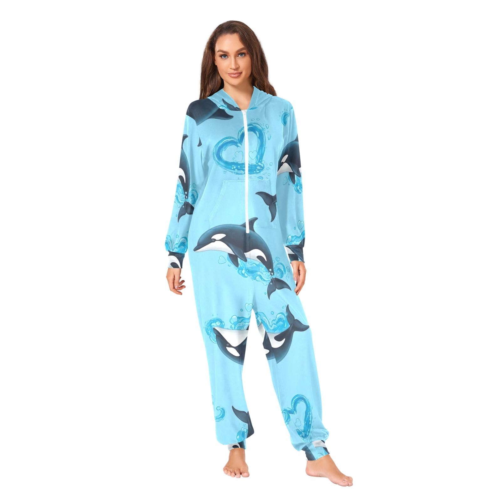 Dolphins - Tutina intera da adulto, in velluto di cristallo, con cappuccio, colore: azzurro