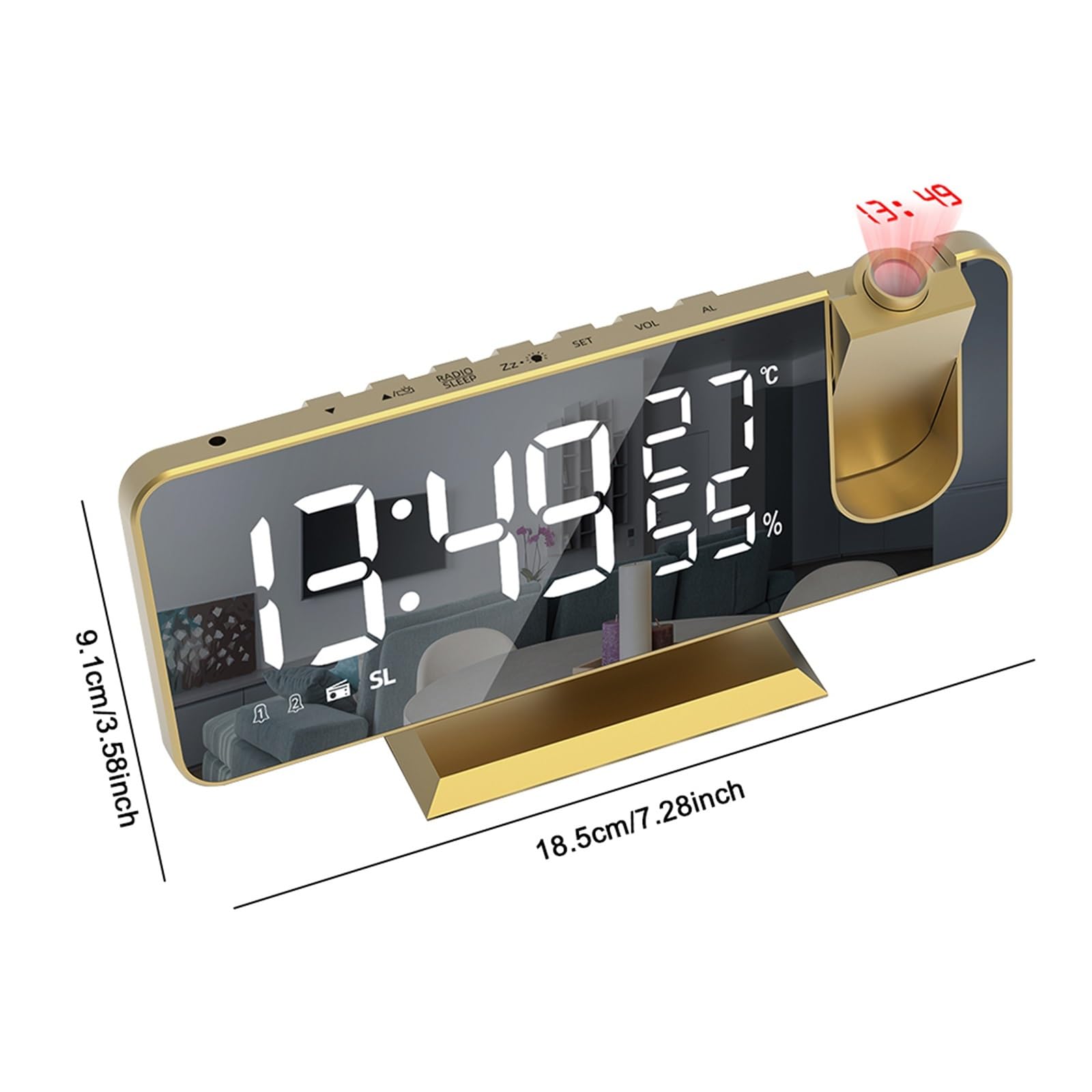 Projektionswecker Mit Um 180° Drehbarem Projektor, Nachttischwecker FM-Radio-Timing for Zuhause, Schlafzimmer, Büro Klare Projektion(Gold)