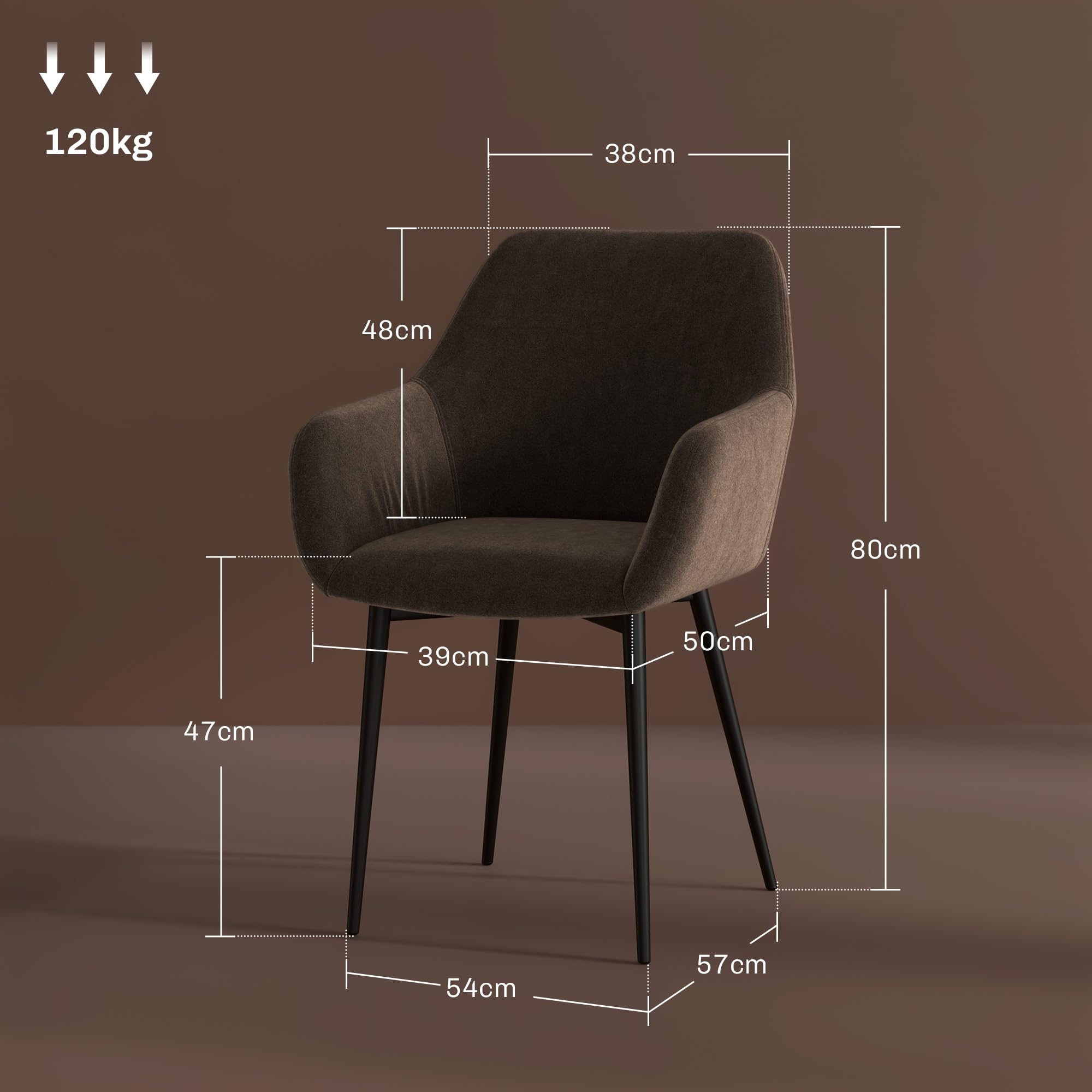 HOMCOM Set 2 Sedie Sala da Pranzo Imbottite in Stile Nordico, Sedie Cucina in Tessuto, Poltrona Imbottita con Braccioli e Gambe in Acciaio per Soggiorno, 54x57x80 cm, Marrone