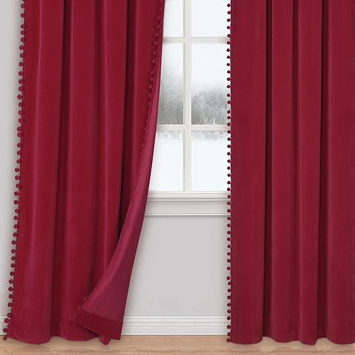 Miniatura 6 de Haperlare Cortinas de terciopelo con pompones de 96 pulgadas  Cortinas de terciopelo para ventana grande con borlas bohemias resistentes para