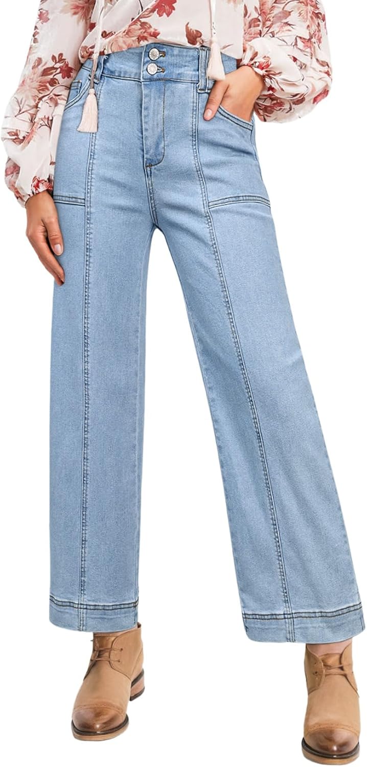 Astylish Womens High Waisted Wide Leg Jeans Cropped Straight Leg Denim Pants