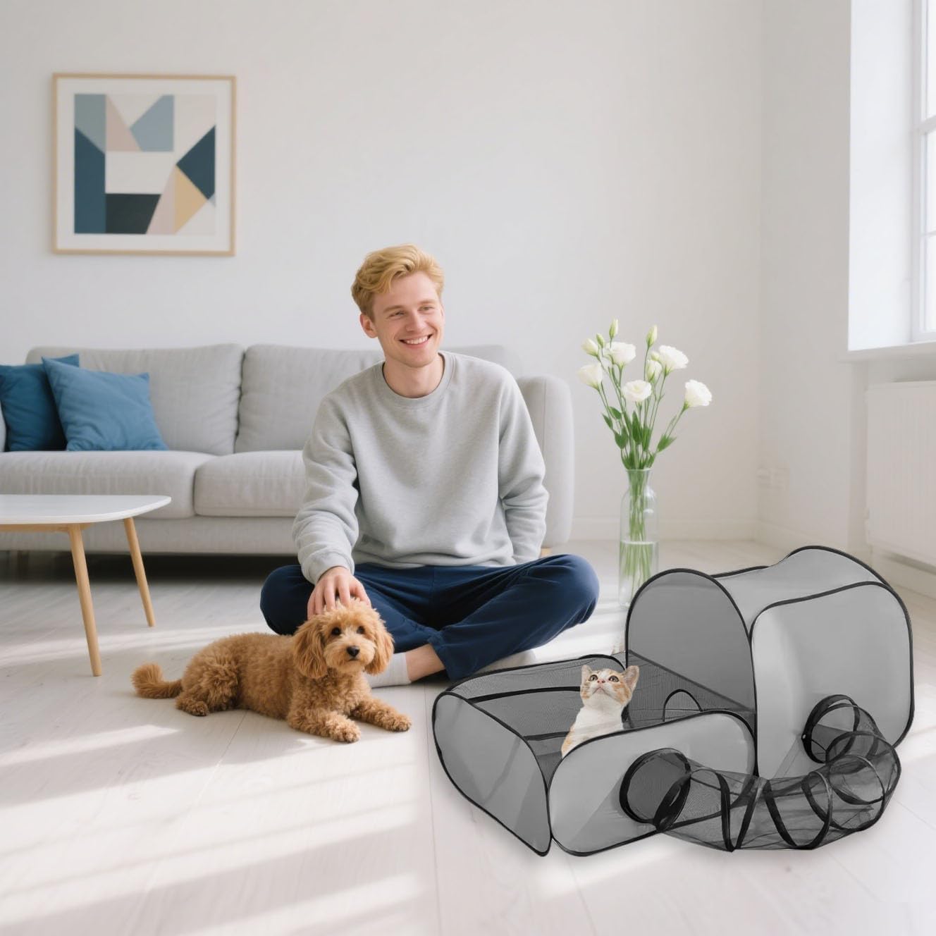 Tragbares Haustiergehege, Katzen Spielgehege Hundeauslauf Katzenhaus Zelt Klappbares Gehege Mit Spielzeugtunnel, Trainingszubehör für Hunde & Kleintiere Indoor, Camping& Reisen (Grau-S)