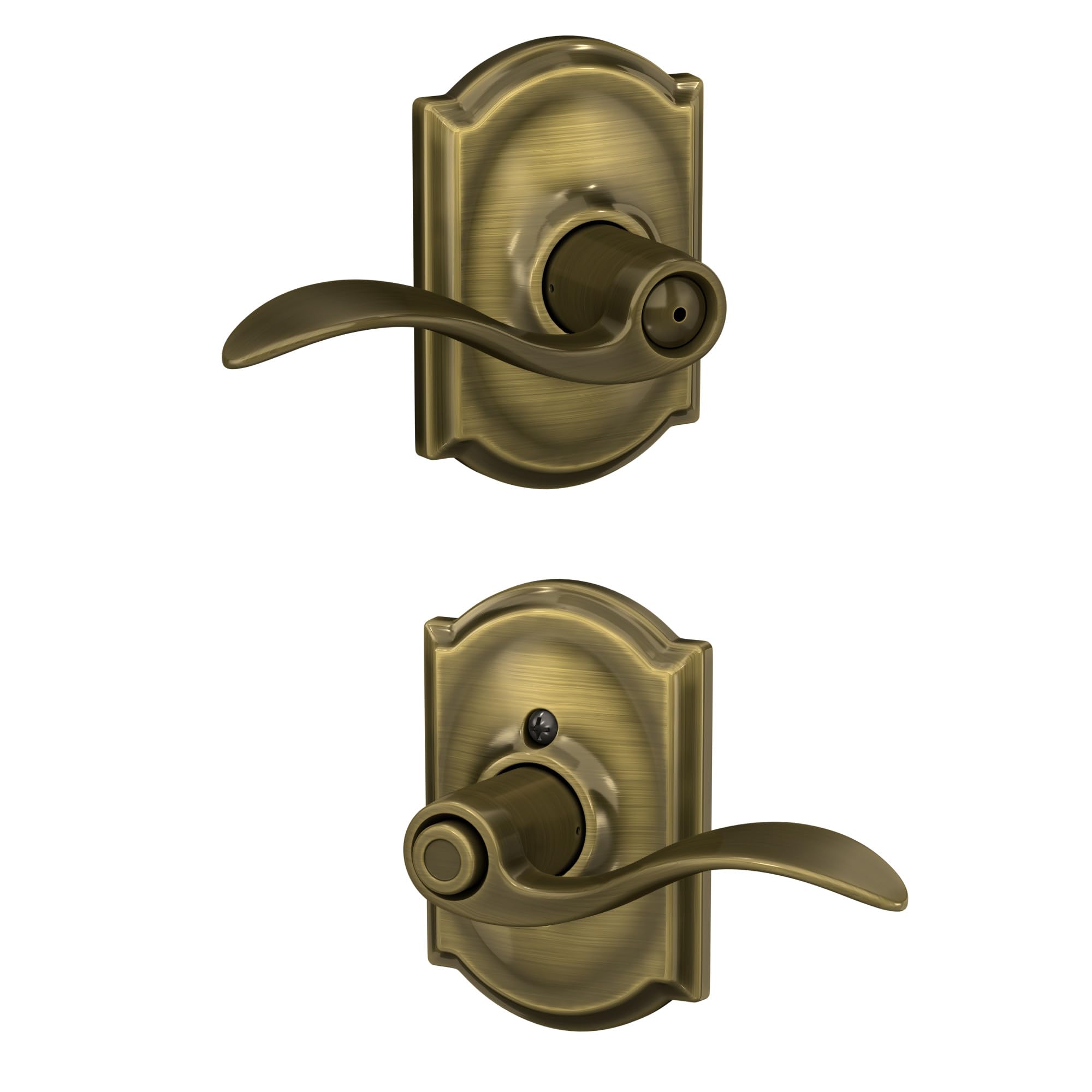 Schlage Accent Lever with Camelot Trim Bed and Bath Lock in Antique Brass - F40 ACC 609 CAM Antique Brass Privacy Camelot