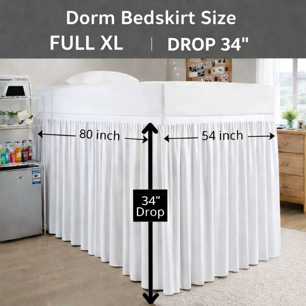 Drom Bed Skirt Full XL Size - 100% Microfiber Bed Skirt for Collage Drom Room - Ruffled Dorm Sized BedSkirt with Split Corner - Full XL 32" Dorp, White
