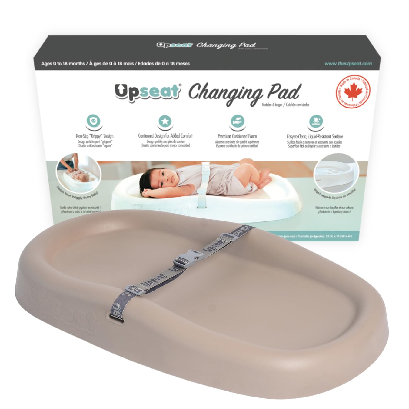 Upseat Baby Changing Pad, Non-Slip Grippy Design, Premium Cushioned Foam, Contoured for Comfort, Waterproof and Easy-to-Clean, Liquid-Resistant (Taupe