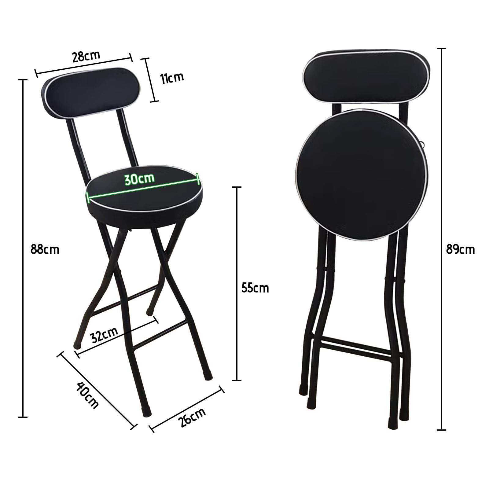Tabouret Pliant Pour L'intérieur Et L'extérieur 50 55 60 65 70 75cm Tabouret De Bar Cuisine Portable Pour Adultes Tabouret de Comptoir Camping Bistrot Chaise de Salle À Manger Rembourré en PU(Black,55