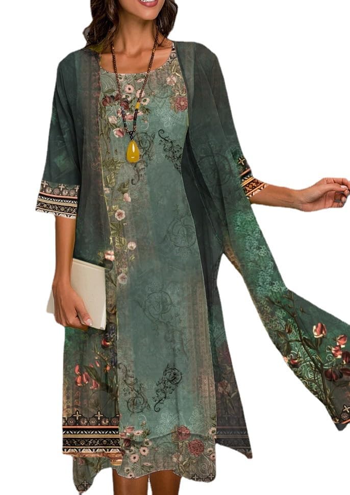Akivide Womens Flowy Boho Floral Midi Dresses with Chiffon Jacket Elegant Wedding Guest 2 Piece Cocktail Dress