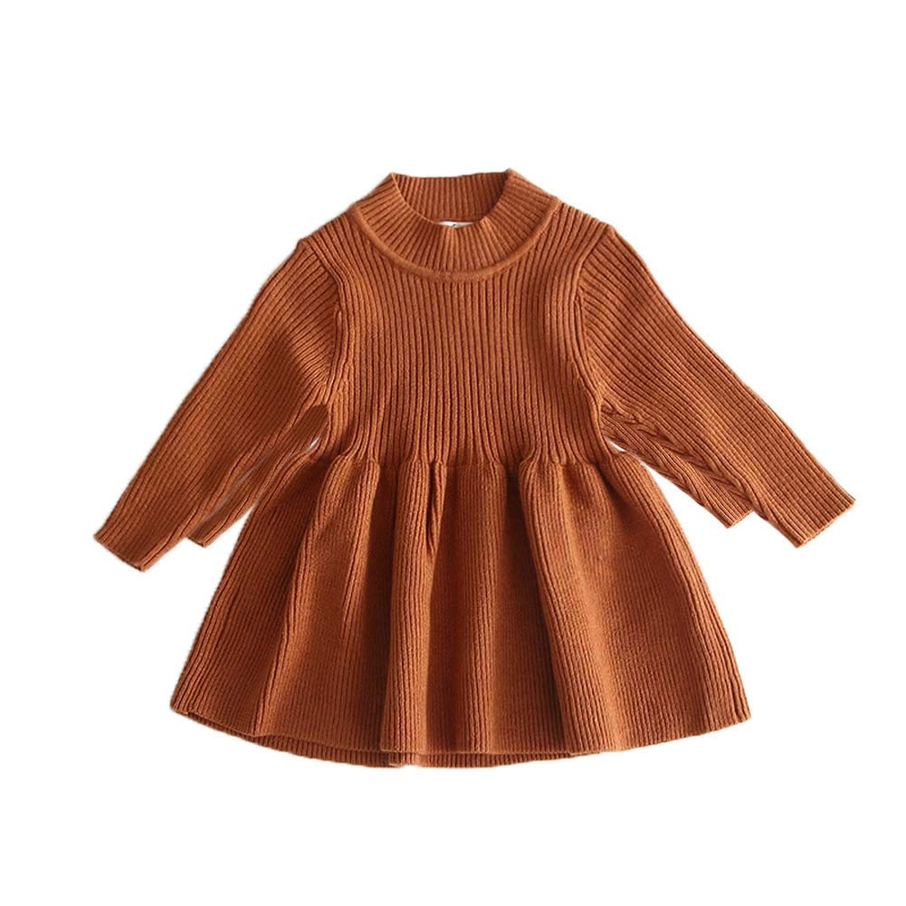Baby Girl Long Sleeve Dresses Solid Ruffle Bottom High Collar Knitted Casual Dress Fall Winter Clothes Clothing (Brown, 2-3T)