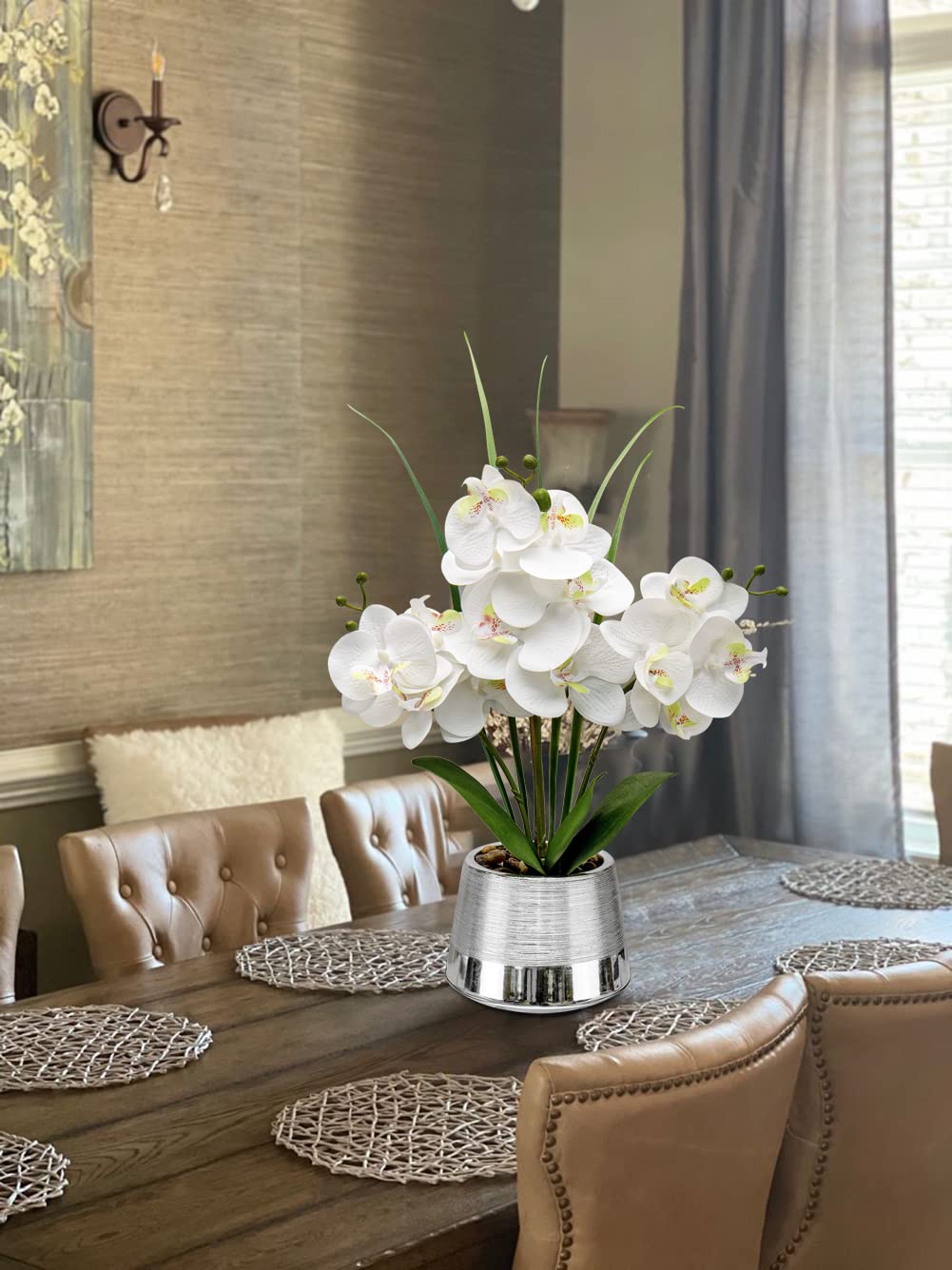 Oairse Flores artificiales de orquídea blanca de 40 cm en macetas de cerámica plateada, tacto real, seda Phalaenopsis con 14 flores, planta de orquídeas falsas para el hogar, cocina, baño, decoración