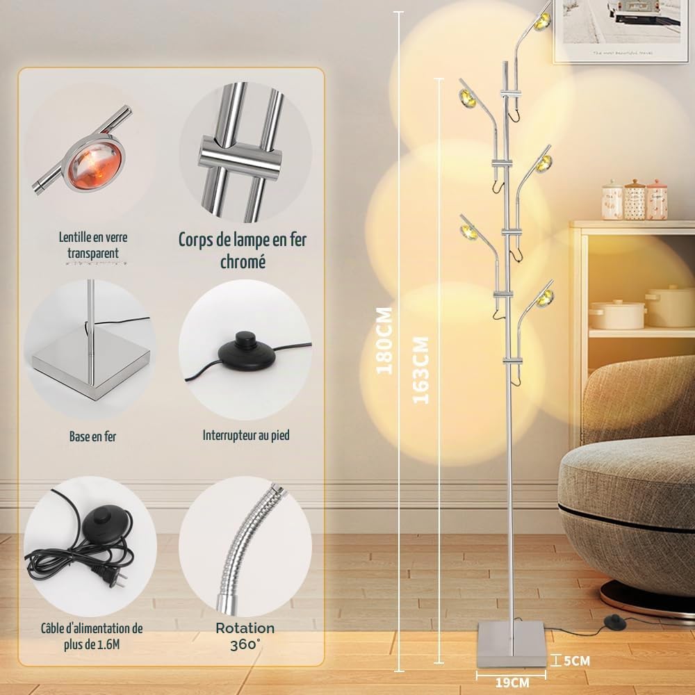 Lampadaire sur Pied Salon Projecteur RGB,Lampe sur Pied avec 5 Têtes d'éclairage Réglables,Lumière d'Ambiance LED Lampadaires 3000K,Lampe Coucher de Soleil avec Filtres de Couleur Interchangeables