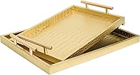 Vista 6 de Juego de 2 bandejas modernas y elegantes de madera para servir, bandeja decorativa rectangular otomana Tay bandeja de mesa auxiliar, cuero
