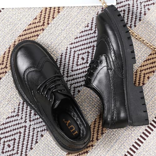 Image of Womens Vintage Oxford Shoes Platform Lace-up Round Toe Patent Leather Brogues Casual Oxfords for Girls Ladies Women