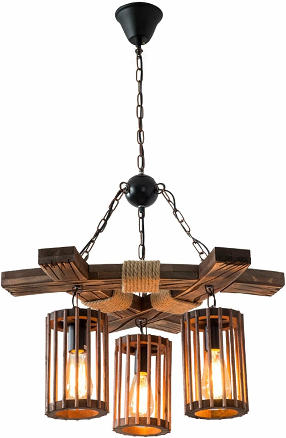 Sallurmose PanDair 3-Light Wooden Hemp Rope Chandelier Farmhouse Vintage Ceiling Pendant Lamp for Living Room, Dining Room, Kitchen,Bar, Restaurant,Hotel,Barn,Farmhouse,Industrial Retro Decoration