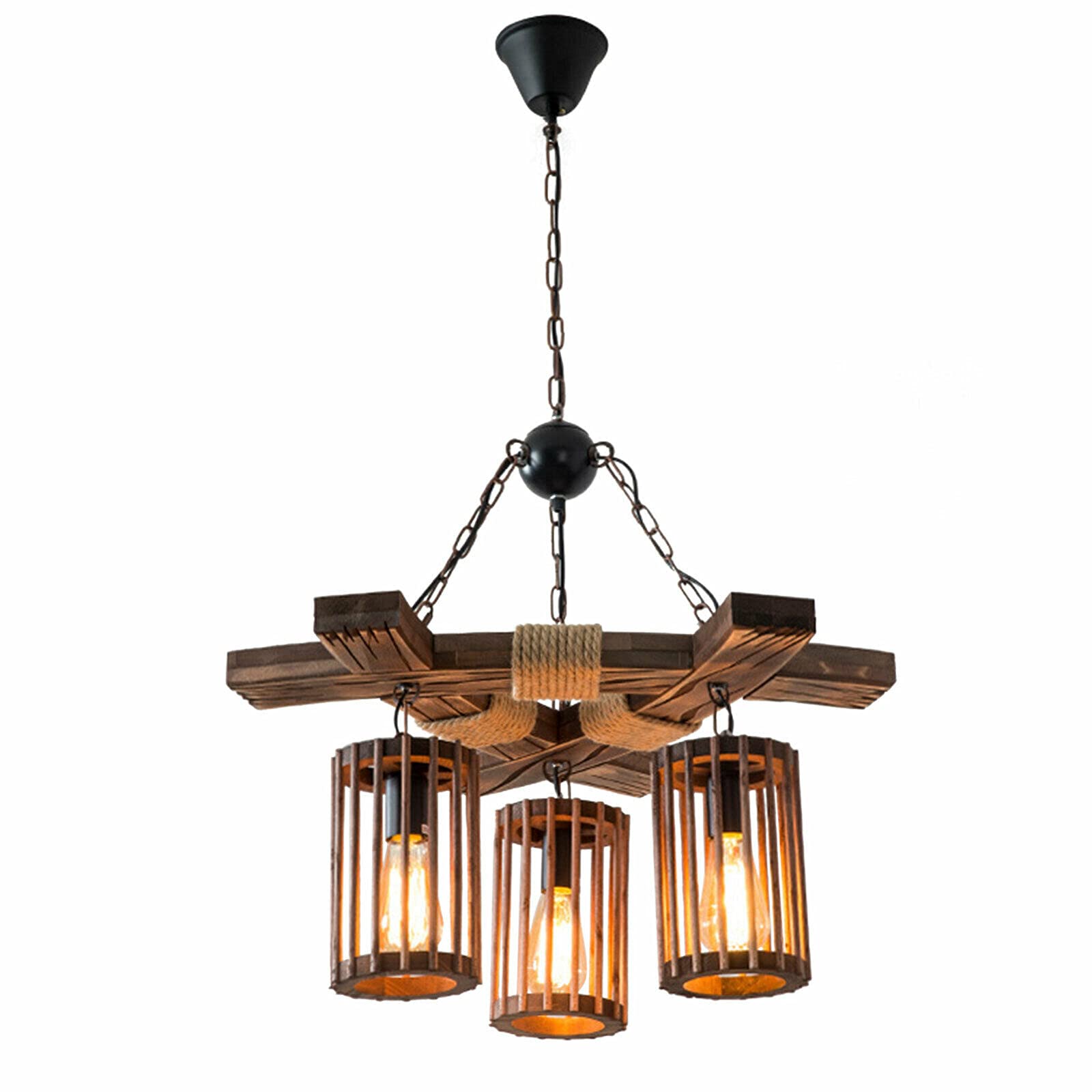 Sallurmose PanDair 3-Light Wooden Hemp Rope Chandelier Farmhouse Vintage Ceiling Pendant Lamp for Living Room, Dining Room, Kitchen,Bar, Restaurant,Hotel,Barn,Farmhouse,Industrial Retro Decoration