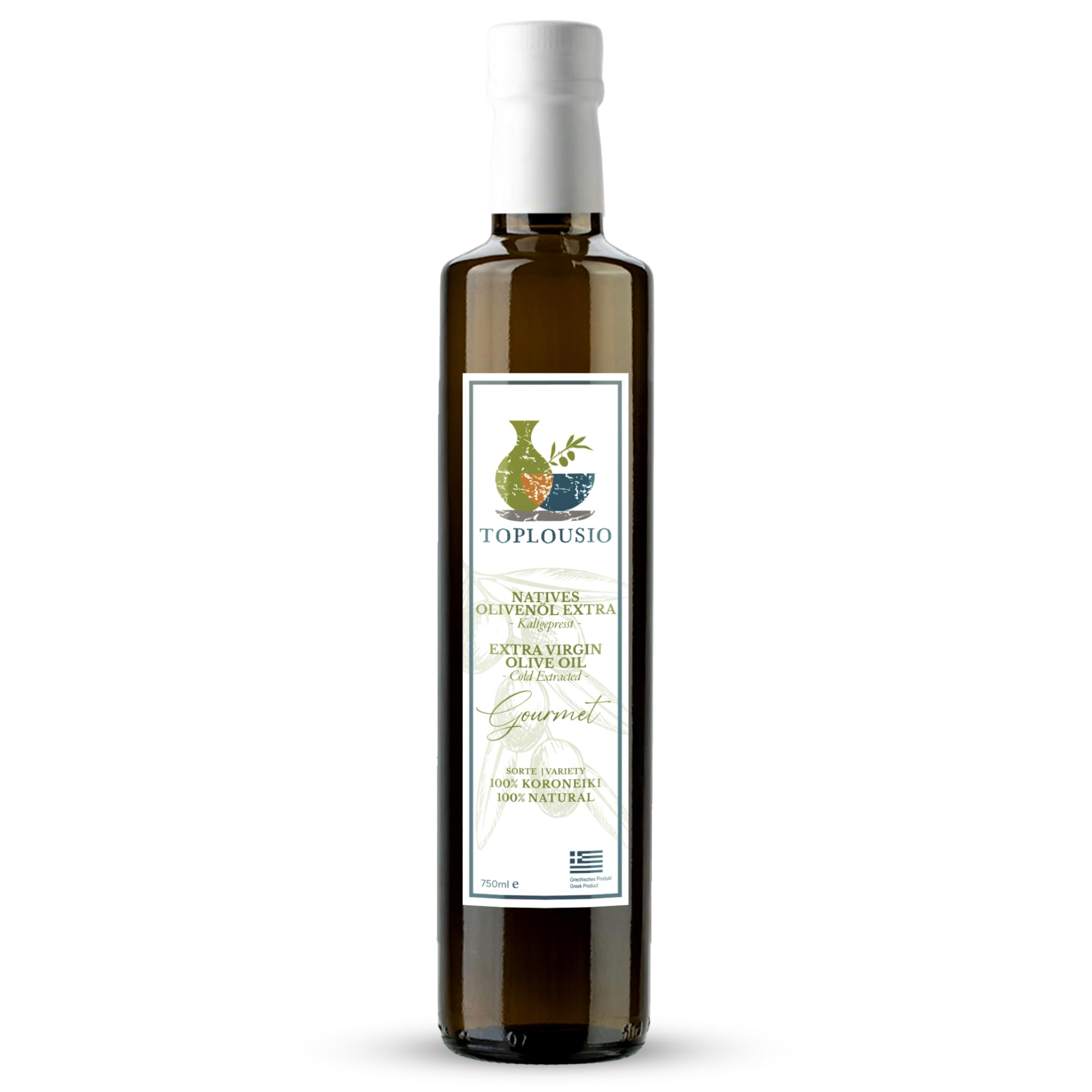 TOPLOUSIO Huile d’Olive Vierge Extra 750 ml 100% Koroneiki de Grèce, Pressée à Froid, Goût Fruité & Doux – Origine Ancienne Olympie – Parfaite pour Salades, Pâtes & Cuisine Méditerranéenne