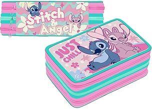 VARZI Astuccio 3 Scomparti 3D Bambini, Per Stitch e Angel Fan, Triplo Riempito, 44 Accessori Scuola Elementare Bambina, 3 Zip, 20 Centimetri