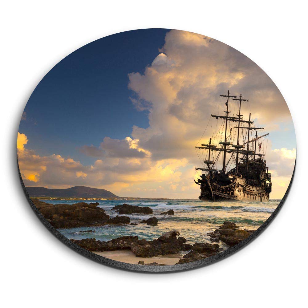 Destination Vinyl Ltd Multicolor 1 X Round Mdf Magnet - Pirate Ship At Sea Sunset 24027