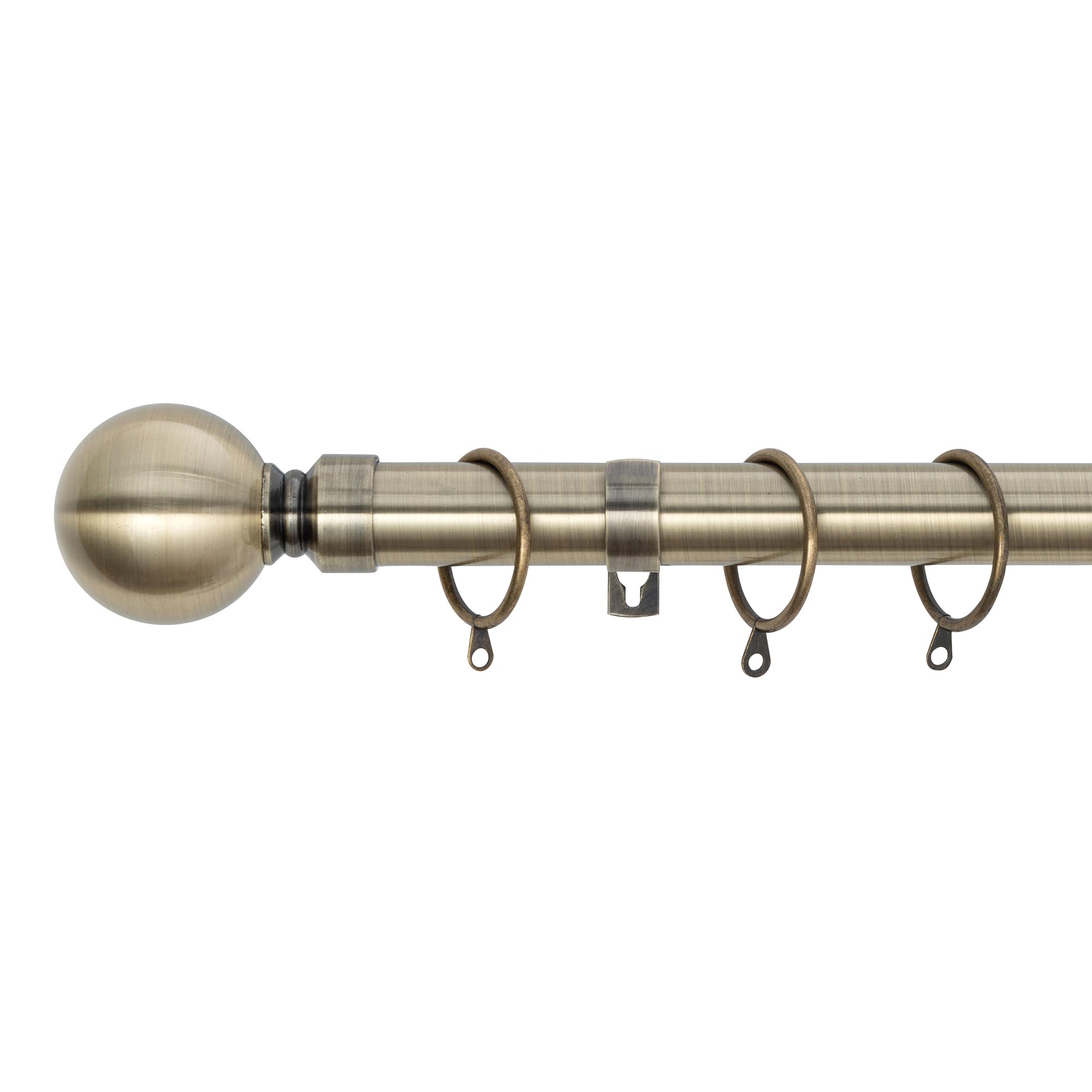 A.Unique Home Plain Round Ball Metal Extendable Curtain Pole with Rings and Fittings, In a Variety of Colours and Sizes (25/28mm) (Antique Brass, 120cm - 220cm, 47" to 87" Approx) — image 1