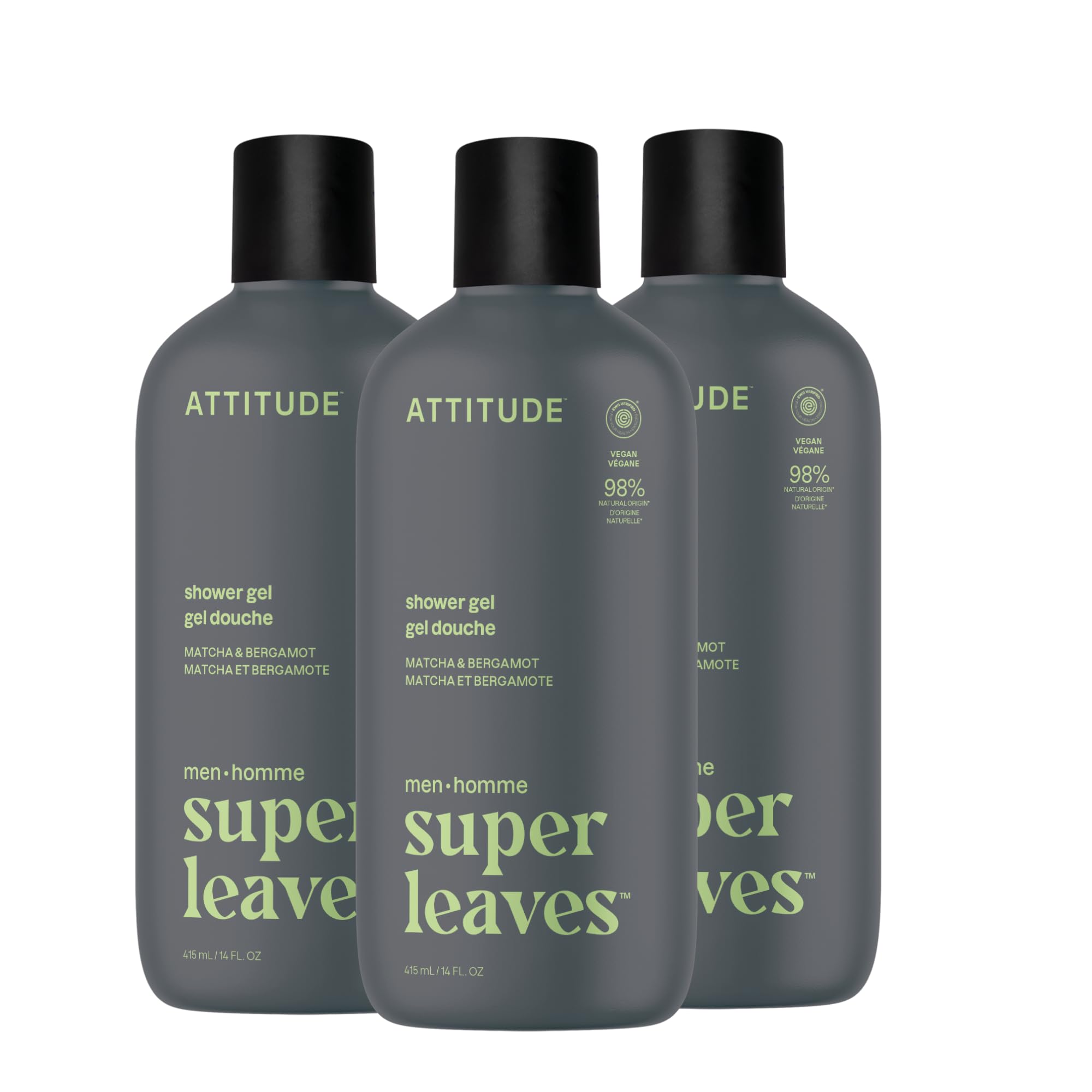 ATTITUDE Shower Gel Body Wash for Men, 98% Natural Origin Ingredients, Paraben & Phthalate Free, EWG Verified, Cleanses Without Drying, Matcha & Bergamot, 14 Fl Oz (Pack of 3)