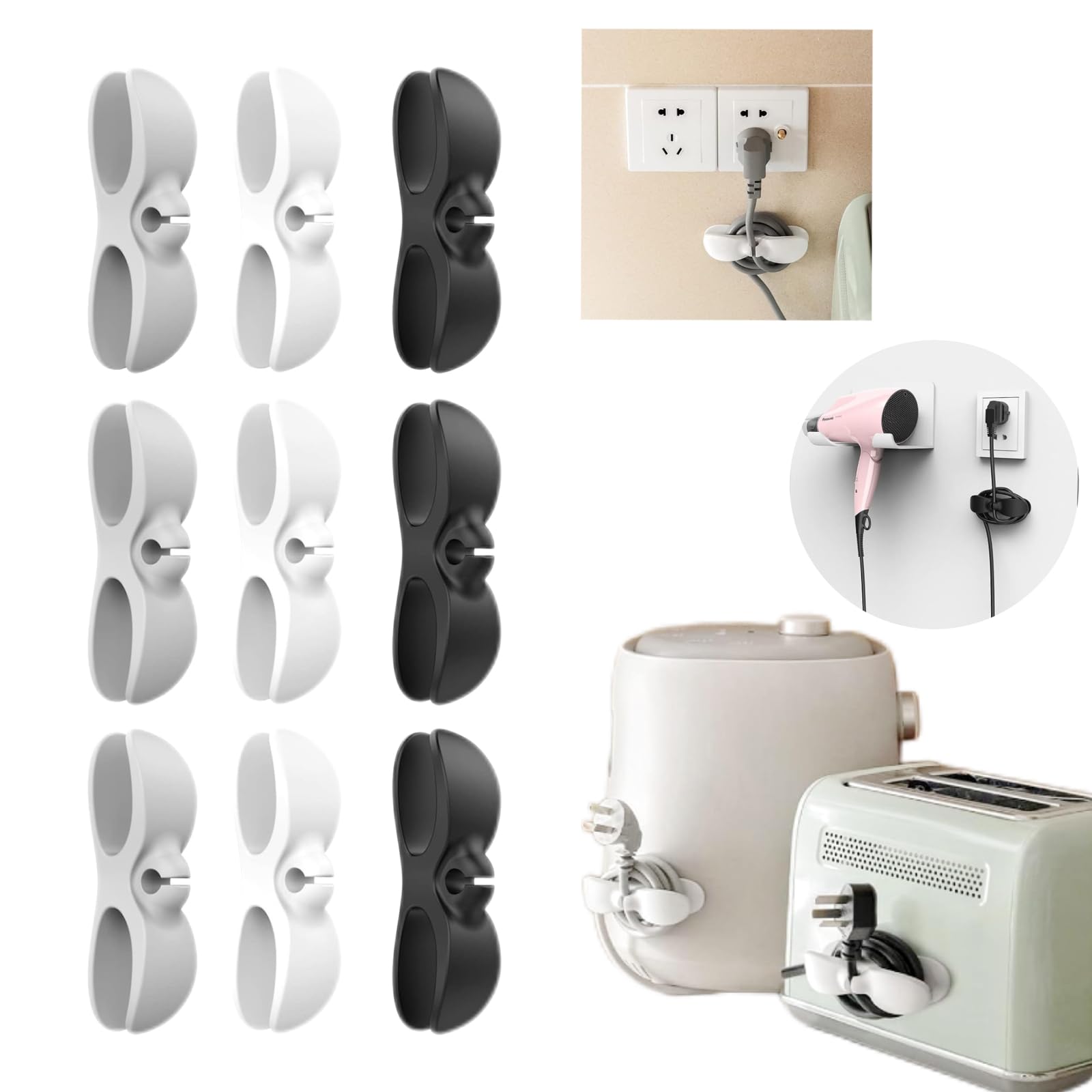 Coocicyi 9 Pcs Wire Cord Organizer for Kitchen Appliances, Cord Wrapper Holder Cable Winder Stick on Mixer, Coffee Maker, Air Fryer, Pressure Cooker, Upgraded Design (White/Black/Grey)