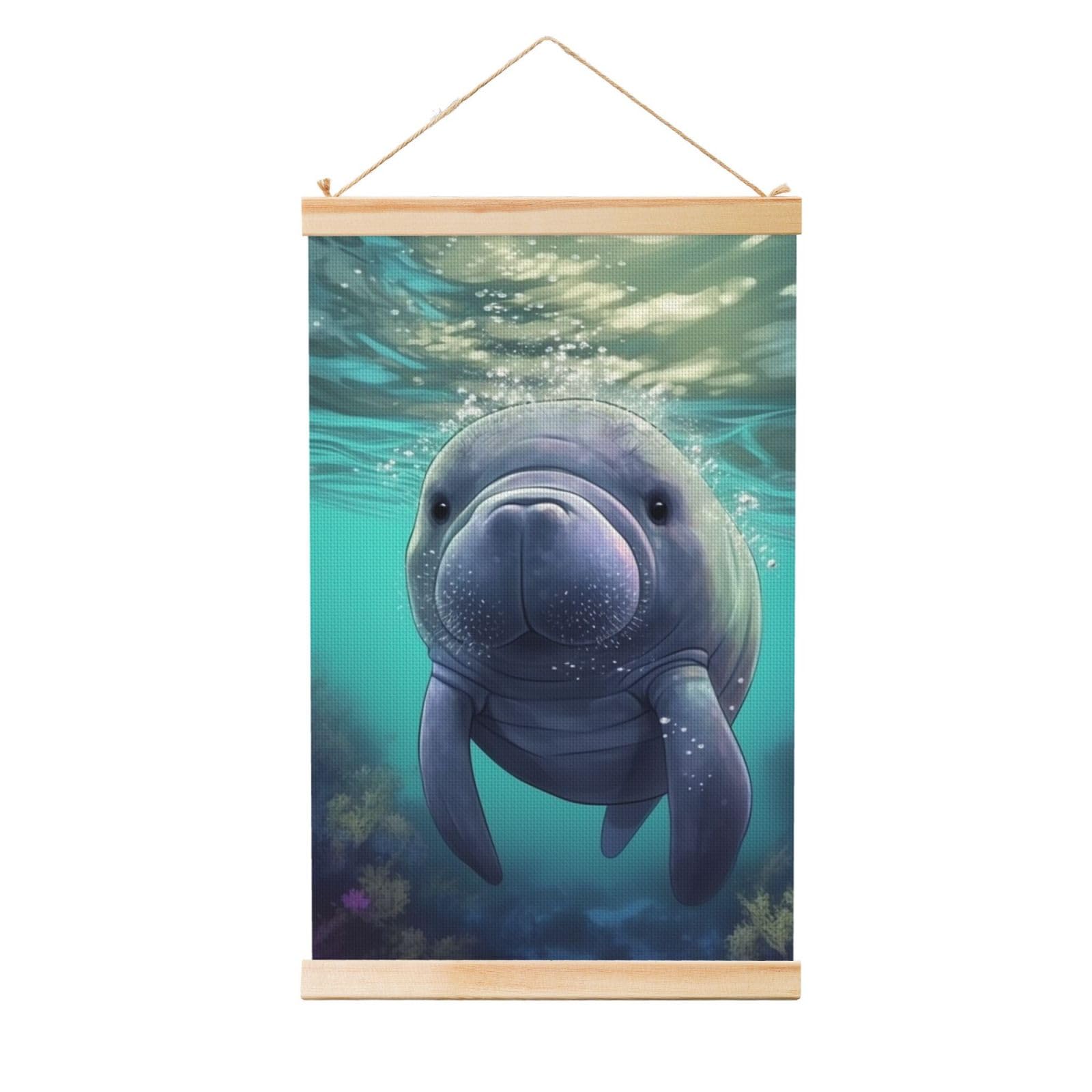 Cute Sea Animal Manatee Poster Wooden Shaft Hanging Poster Wall Hanging Banner Canvas Artwork with Wood Frames 12"x18" Modern Artwork Decor Ready to Hang Wall Art for Home Decor Scroll Painting