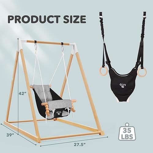 Miniatura 8 de Saltador y Columpio 2 en 1 para Bebé, Juego de Columpio de Madera Montessori para Niños Pequeños con Soporte para Interior/Exterior, Saltador