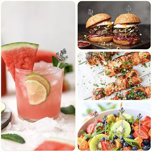 Miniatura 4 de Juego de 9 palillos de cóctel de Martini reutilizables de aceituna para adornar brochetas de frutas (plata antigua)