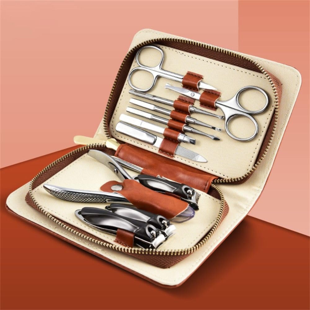Maniküre-Set, graues Vollnarbenleder, Nagelknipser-Sets, rostfreie Schere, braun