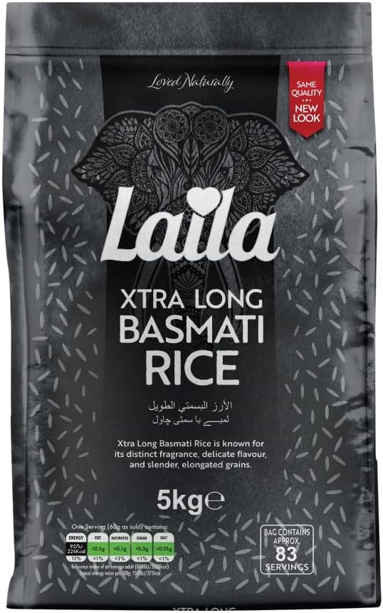 Extra Long Grain Rice 5 Kg - 100% Gluten Free - Extra Long Grain White Basmati Rice with Aroma Fragrant, Package May Vary