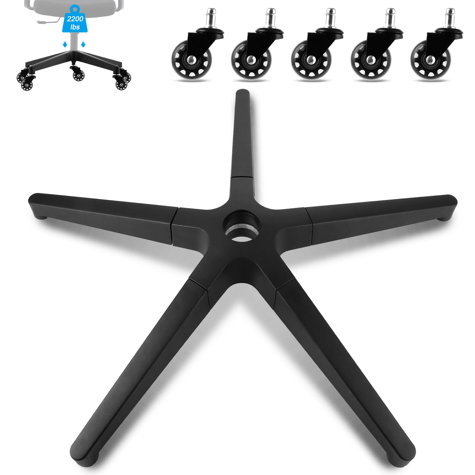 SHUESS Stabilne krzesło biurowe, podstawa krzyżowa, 70 cm, do sprężyny gazowej 50 mm, z kółkami 11 x 22 mm, czarna, pięciokątna metalowa rama, podstawa do dużych obciążeń do 1000 kg, do krzesła