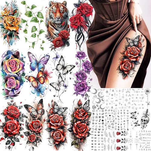 Image of 27 Sheets Watercolor 3D Rose Butterfly Temporary Tattoos For Women Thigh Leg Tattoo Sticker, Realistic Vine Leaf Flowers Fake Tattoos For Adults Forearm Half Arm Makeup Small Finger Tatoo Long Lasting