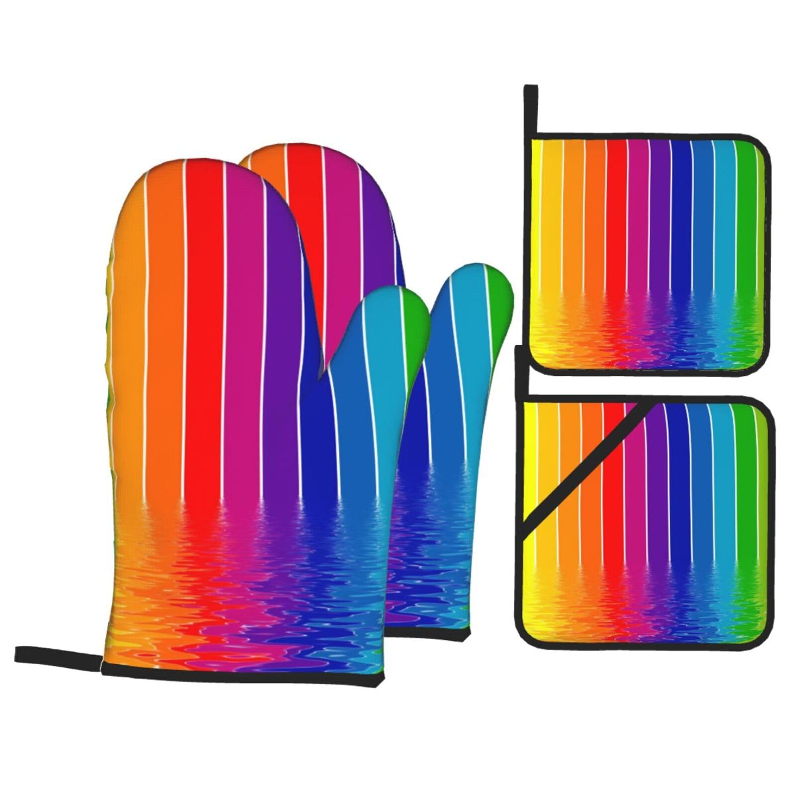 Rainbow Striped Print Stylish Heat-Resistant Oven 4-Piece Set Kitchen Gloves Roasting Daily Cooking