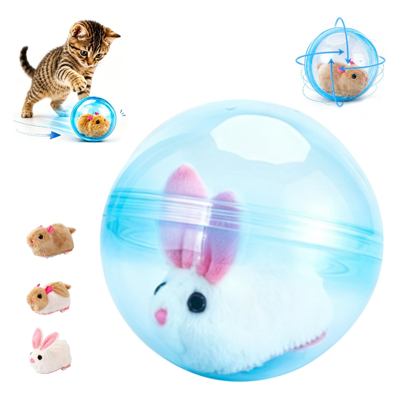 Self-Rolling Interactive Cat Ball Toy, Automatic 360° Moving Spin Ball for Cats and Dogs Chasing, Realistic Plush Animal Design, Indoor Use，Blue：Rabbit