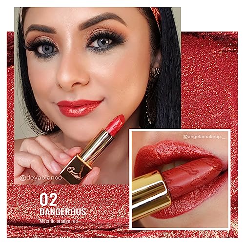 OULAC Métallique Briller Rouge a Levre Orange, Rouge à lèvres Pailleté Très Pigmentés et Crémeuse, Hydratation Longue Durée et Confort pour les Lèvres, Vegan, 4,3g (02) Dangerous – vue 2