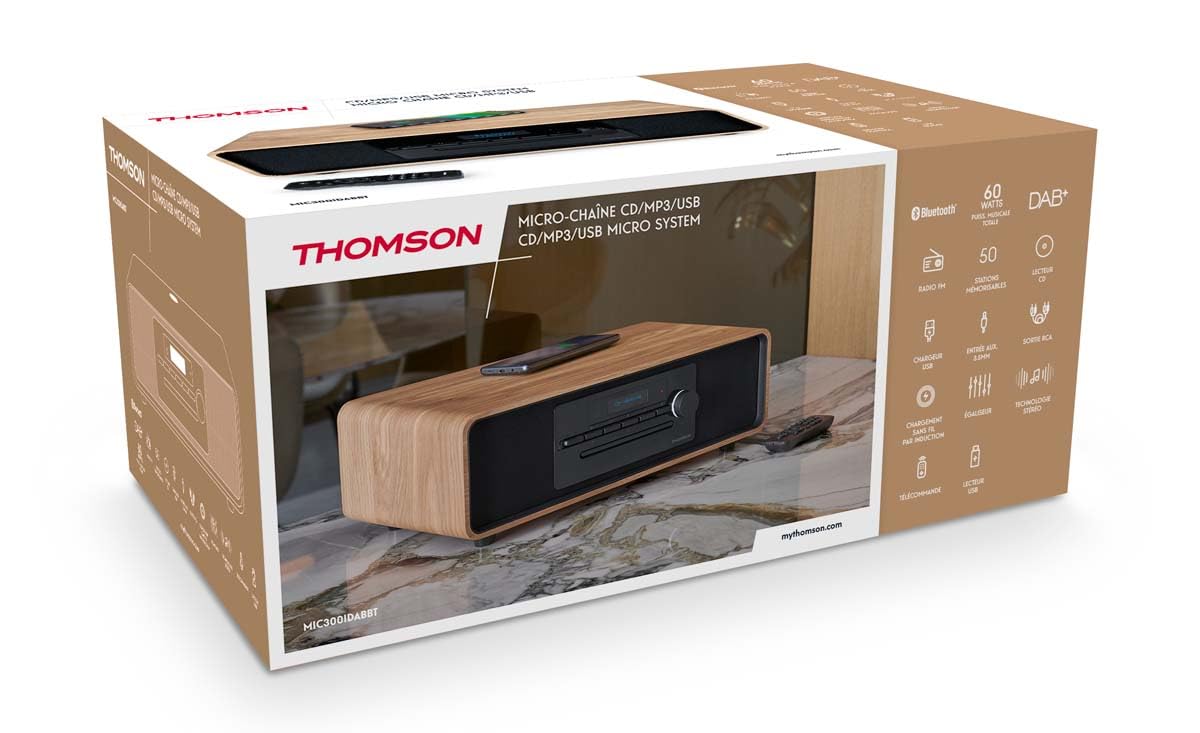Micro-chaîne Bluetooth - THOMSON - Bois/Noir - Radio FM/DAB+/CD/MP3/USB/Induction, 75W, Affichage LCD, Télécommande, Alim. 23