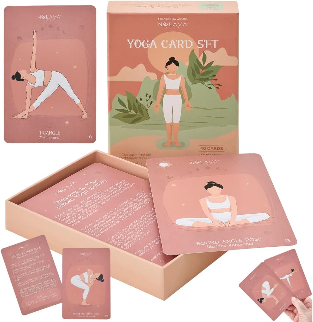 NOLAVA Yoga Card Gift Set – Large 4″x6″ Yoga Cards with 30 Poses, 10 Intentions, Sun/Moon Flows & Guided Meditation – Sweat-Proof, Wipe-Clean Deck with English + Sanskrit – Perfect Yoga Gift for Women