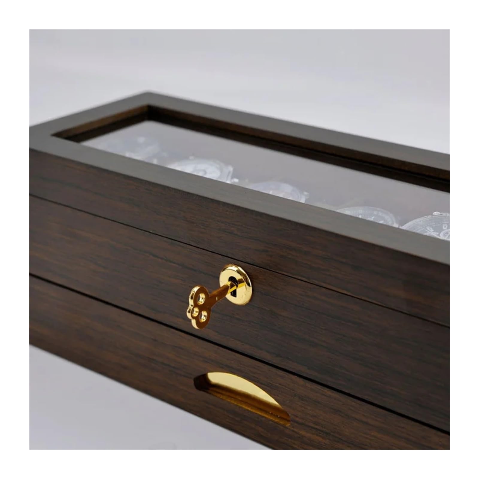 1 Stück schwarze Walnuss-Uhrenbox mit 6 Fächern, Glasdeckel und Schublade | Uhrenbox aus schwarzem Walnussholz mit 6 Fächern, doppellagiger Organizer aus Holz mit Glasdeckel(LuxWalnut10WatchBox)
